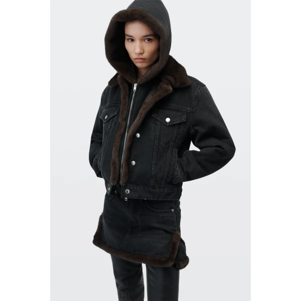 Alexander Wang Faux Fur Trim Denim Skirt in Faded Black | Denim Skirts | Coveti