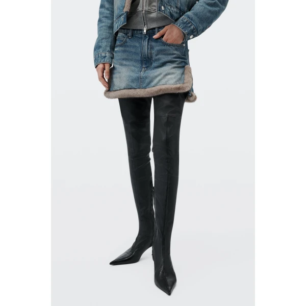 Alexander Wang Faux Fur Trim Denim Skirt in Tinted Medium Indigo | Denim Skirts | Coveti
