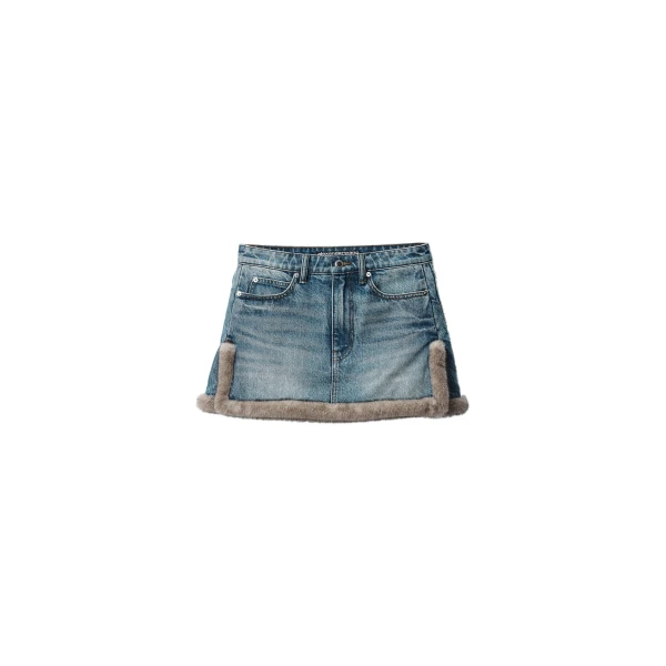 Alexander Wang Faux Fur Trim Denim Skirt in Tinted Medium Indigo | Coveti