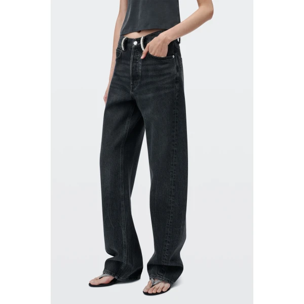 Alexander Wang Float Mid-Rise Relaxed Crystal Hotfix Belt Loop Jean in Grey Aged | Denim | Coveti
