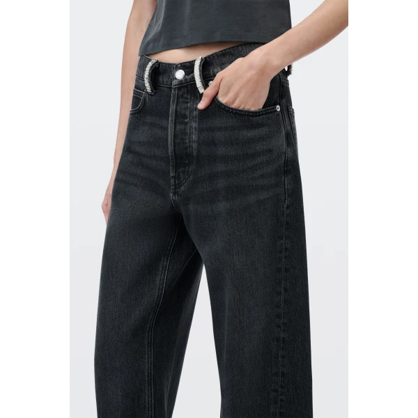 Alexander Wang Float Mid-Rise Relaxed Crystal Hotfix Belt Loop Jean in Grey Aged | Denim | Coveti
