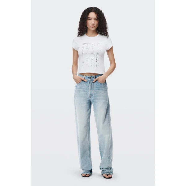 Alexander Wang Float Mid-Rise Relaxed Crystal Hotfix Belt Loop Jean in Vintage Bleach Blue | Denim | Coveti