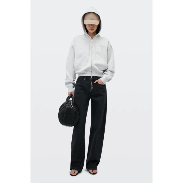 Alexander Wang Float Mid-Rise Relaxed Crystal Hotfix Logo Fly Jean in Faded Black | Denim | Coveti