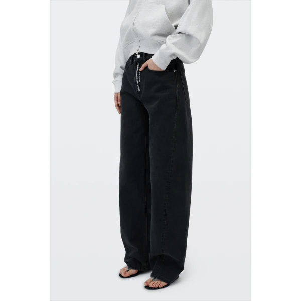 Alexander Wang Float Mid-Rise Relaxed Crystal Hotfix Logo Fly Jean in Faded Black | Denim | Coveti