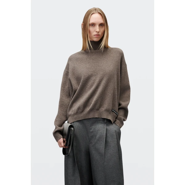 Alexander Wang High-Low Hem Turtleneck in Dark Oatmeal Melange | Long Sleeve | Coveti