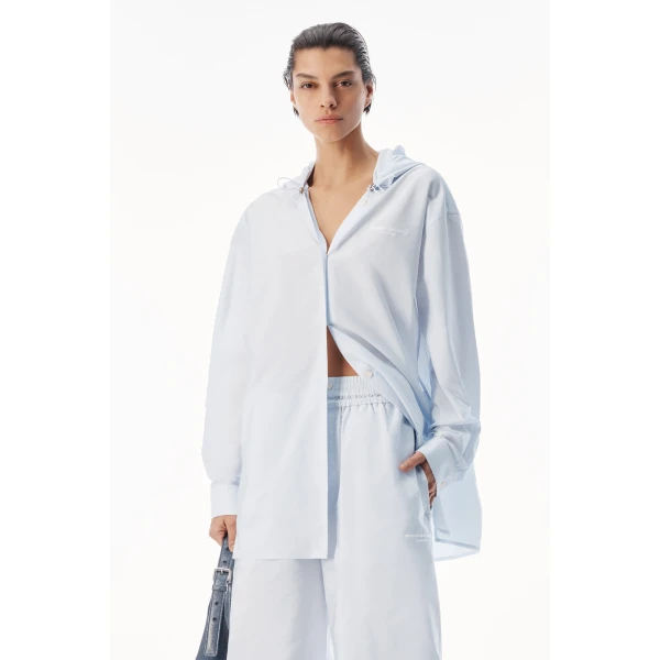 Alexander Wang Hooded Button-Up Shirt with Bungee Drawcord in White and Blue Stripe | Shirts | Coveti