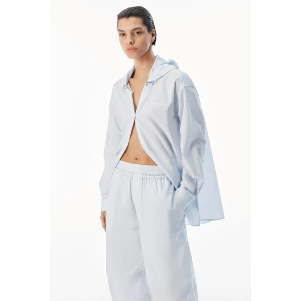 Alexander Wang Hooded Button-Up Shirt with Bungee Drawcord in White and Blue Stripe | Shirts | Coveti