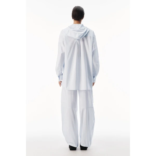 Alexander Wang Hooded Button-Up Shirt with Bungee Drawcord in White and Blue Stripe | Shirts | Coveti