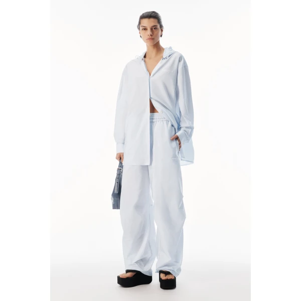 Alexander Wang Hooded Button-Up Shirt with Bungee Drawcord in White and Blue Stripe | Shirts | Coveti
