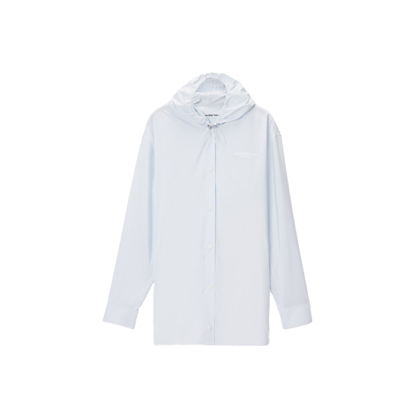Hooded Button-Up Shirt with Bungee Drawcord in White and Blue Stripe