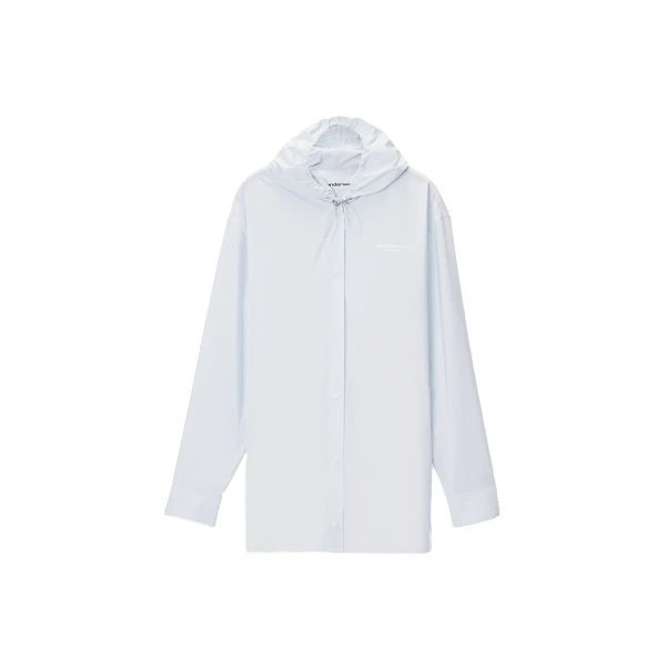 Alexander Wang Hooded Button-Up Shirt with Bungee Drawcord in White and Blue Stripe | Coveti