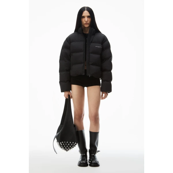 Alexander Wang Jacquard Channel Cropped Puffer with Reflective Logo in Black | Jackets | Coveti