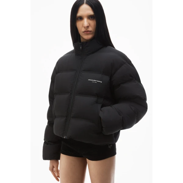 Alexander Wang Jacquard Channel Cropped Puffer with Reflective Logo in Black | Jackets | Coveti