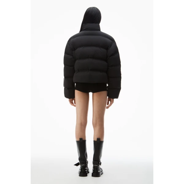 Alexander Wang Jacquard Channel Cropped Puffer with Reflective Logo in Black | Jackets | Coveti