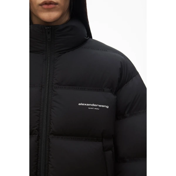 Alexander Wang Jacquard Channel Cropped Puffer with Reflective Logo in Black | Jackets | Coveti
