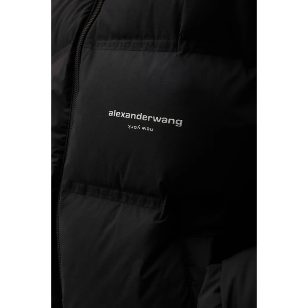 Alexander Wang Jacquard Channel Cropped Puffer with Reflective Logo in Black | Jackets | Coveti