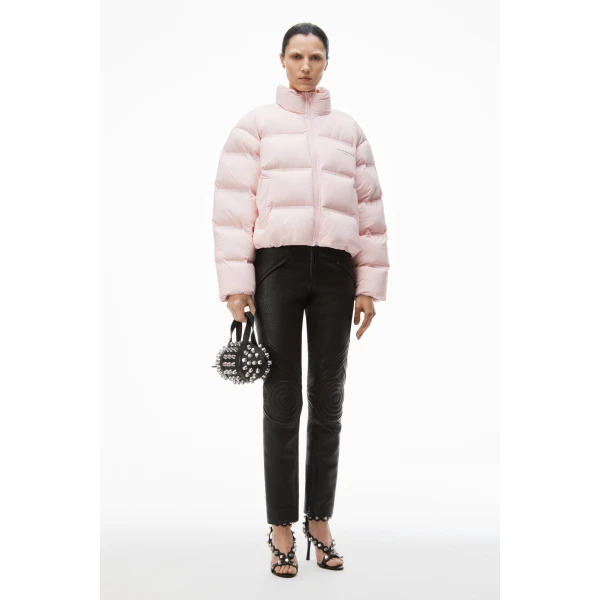 Alexander Wang Jacquard Channel Cropped Puffer with Reflective Logo in Light Pink | Jackets | Coveti