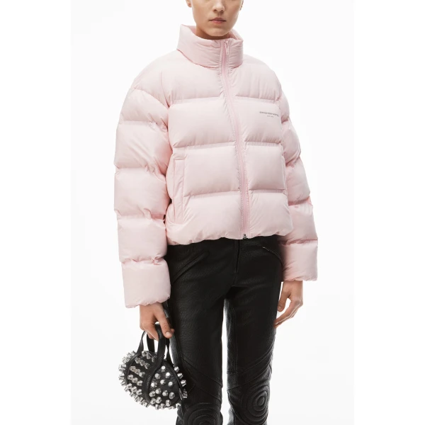 Alexander Wang Jacquard Channel Cropped Puffer with Reflective Logo in Light Pink | Jackets | Coveti