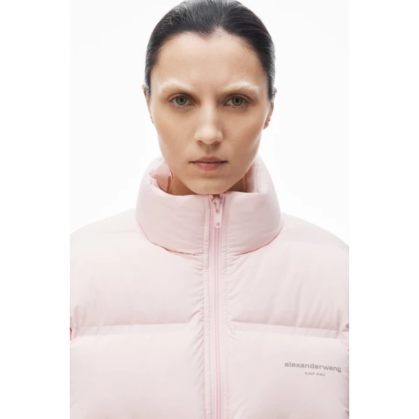 Alexander Wang Jacquard Channel Cropped Puffer with Reflective Logo in Light Pink | Jackets | Coveti