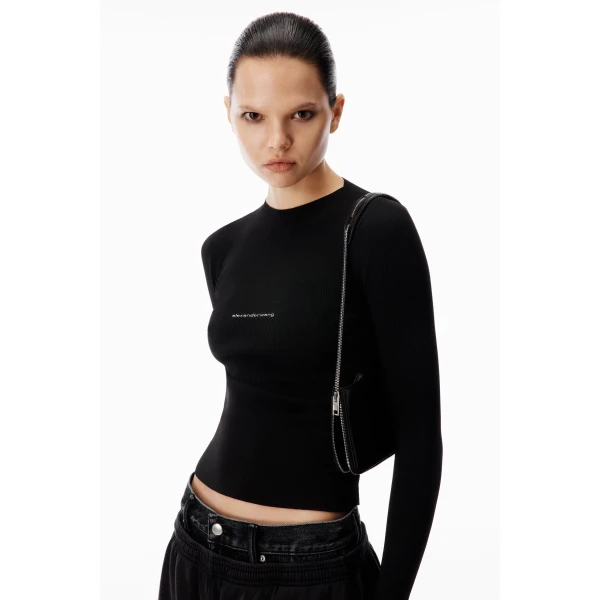 Alexander Wang Jacquard Logo Long Sleeve Crewneck Top in Black | Long Sleeve | Coveti