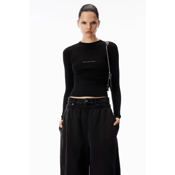 Alexander Wang Jacquard Logo Long Sleeve Crewneck Top in Black | Long Sleeve | Coveti