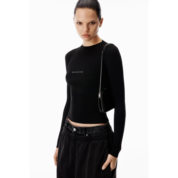 Alexander Wang Jacquard Logo Long Sleeve Crewneck Top in Black | Long Sleeve | Coveti