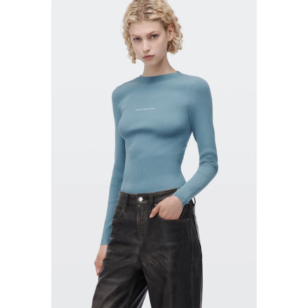 Alexander Wang Jacquard Logo Long Sleeve Crewneck Top in Chambray Blue | Long Sleeve | Coveti
