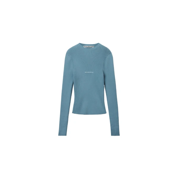 Jacquard Logo Long Sleeve Crewneck Top in Chambray Blue