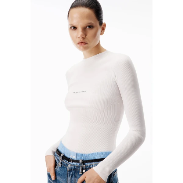 Alexander Wang Jacquard Logo Long Sleeve Crewneck Top in White | Long Sleeve | Coveti