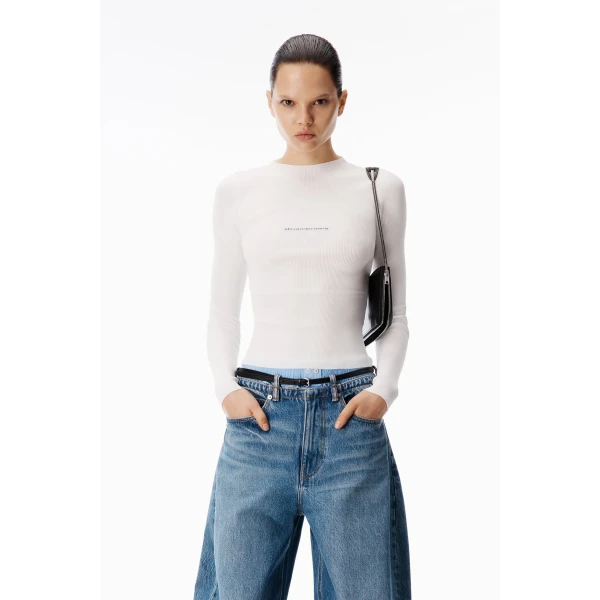 Alexander Wang Jacquard Logo Long Sleeve Crewneck Top in White | Long Sleeve | Coveti