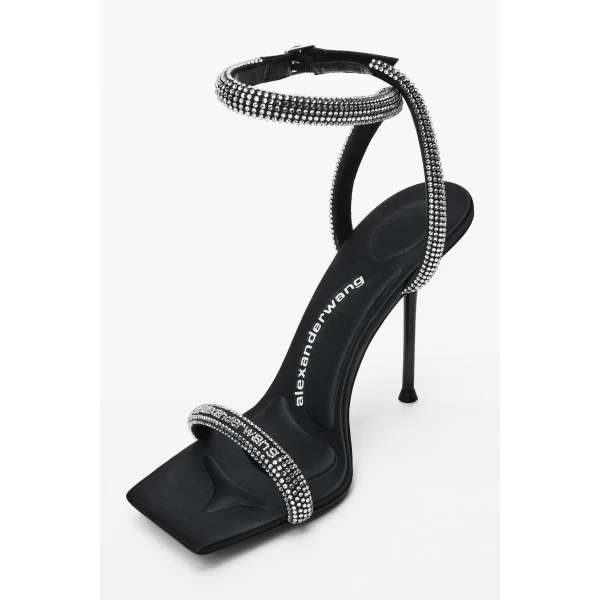 Alexander Wang Julie 105mm Crystal Hotfix Ankle Strap Sandal in Black and Silver | Sandals | Coveti