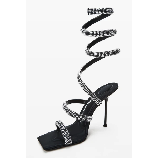 Alexander Wang Julie 105mm Crystal Hotfix Coil Sandal in Black and Silver | Sandals | Coveti