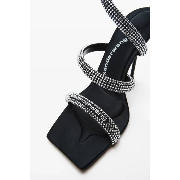 Alexander Wang Julie 105mm Crystal Hotfix Coil Sandal in Black and Silver | Sandals | Coveti