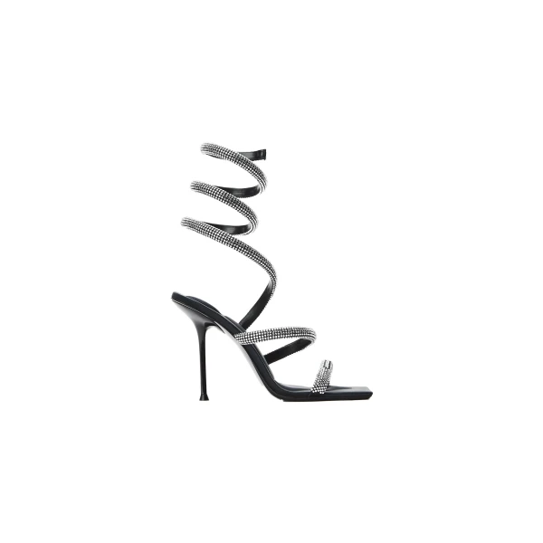 Alexander Wang Julie 105mm Crystal Hotfix Coil Sandal in Black and Silver | Coveti