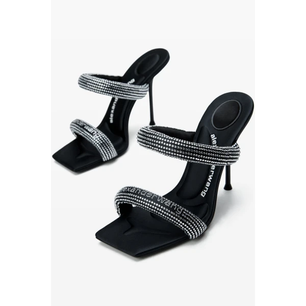 Alexander Wang Julie 105mm Crystal Hotfix Satin Tubular Sandal in Black and Silver | Sandals | Coveti
