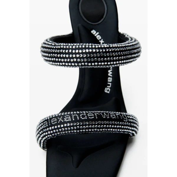 Alexander Wang Julie 105mm Crystal Hotfix Satin Tubular Sandal in Black and Silver | Sandals | Coveti