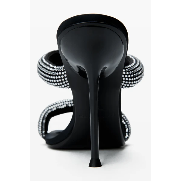 Alexander Wang Julie 105mm Crystal Hotfix Satin Tubular Sandal in Black and Silver | Sandals | Coveti