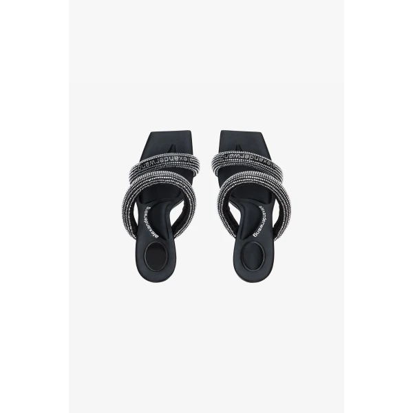 Alexander Wang Julie 105mm Crystal Hotfix Satin Tubular Sandal in Black and Silver | Sandals | Coveti