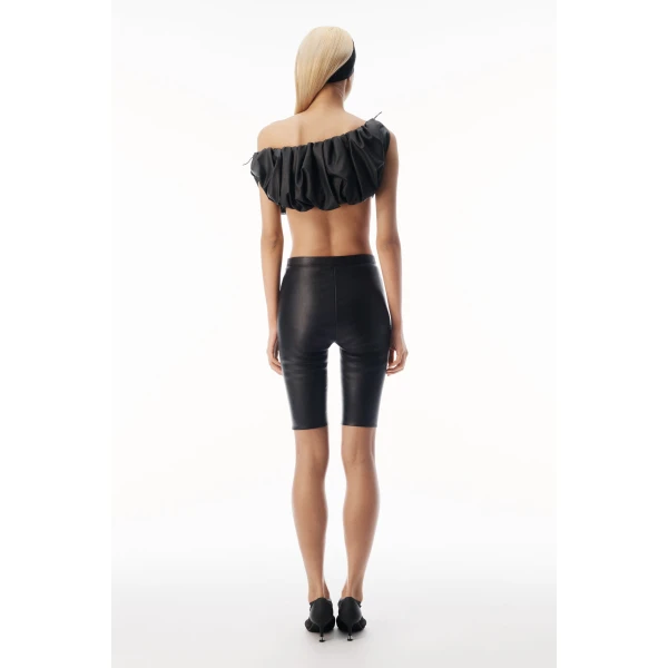 Alexander Wang Leather Cropped Off Shoulder Gathered Bra Top in Black | Cropped Top | Coveti