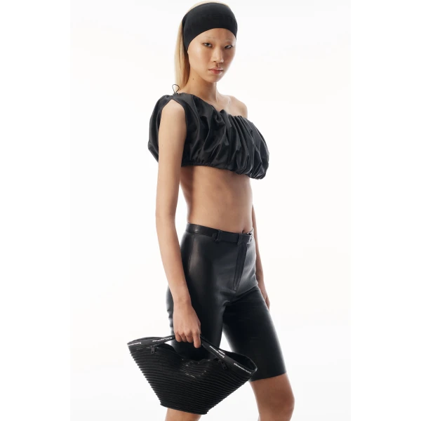 Alexander Wang Leather Cropped Off Shoulder Gathered Bra Top in Black | Cropped Top | Coveti