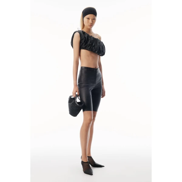 Alexander Wang Leather Cropped Off Shoulder Gathered Bra Top in Black | Cropped Top | Coveti
