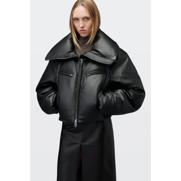 Alexander Wang Leather Funnel-Neck Puffer Jacket in Black | Leather Jackets | Coveti