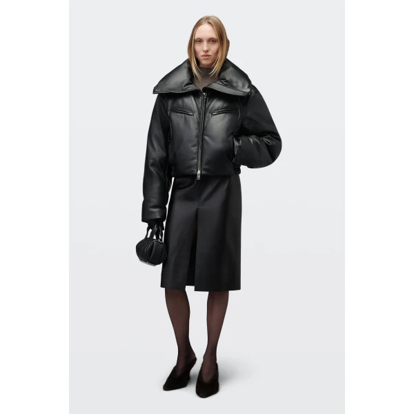 Alexander Wang Leather Funnel-Neck Puffer Jacket in Black | Leather Jackets | Coveti