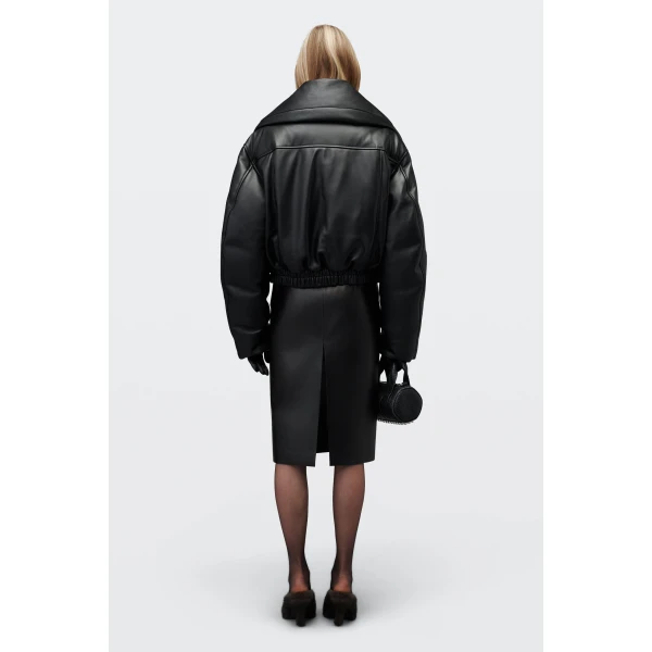 Alexander Wang Leather Funnel-Neck Puffer Jacket in Black | Leather Jackets | Coveti