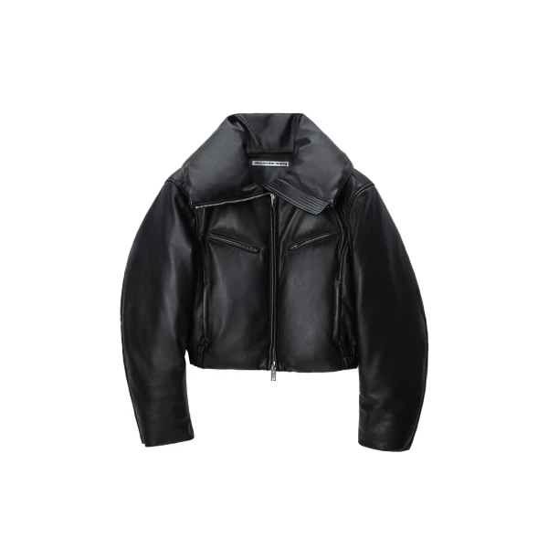 Leather Funnel-Neck Puffer Jacket in Black