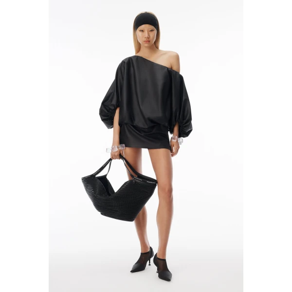 Alexander Wang Leather Gathered Off Shoulder Mini Dress in Black | Mini Dresses | Coveti