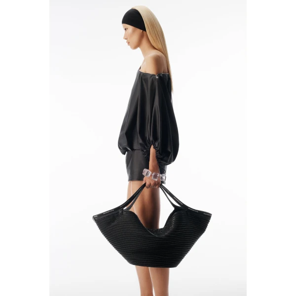 Alexander Wang Leather Gathered Off Shoulder Mini Dress in Black | Mini Dresses | Coveti