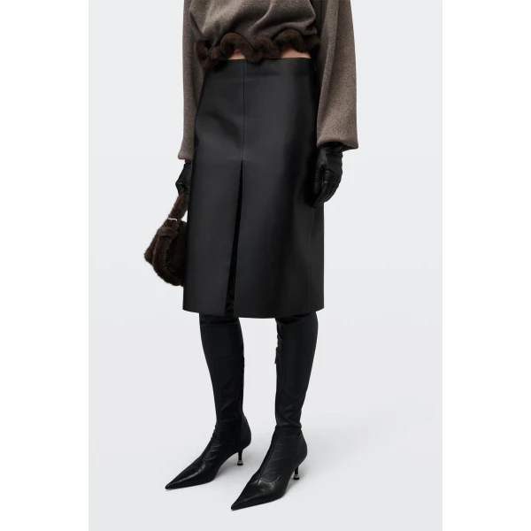 Alexander Wang Leather Midi Skirt with Slash Vent in Black | Midi Skirts | Coveti