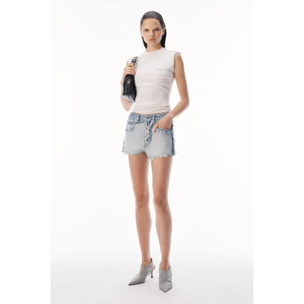 Alexander Wang Logo-Embossed Mid-Rise Inverted Denim Short in Inverted Bleach Blue | Denim Shorts | Coveti