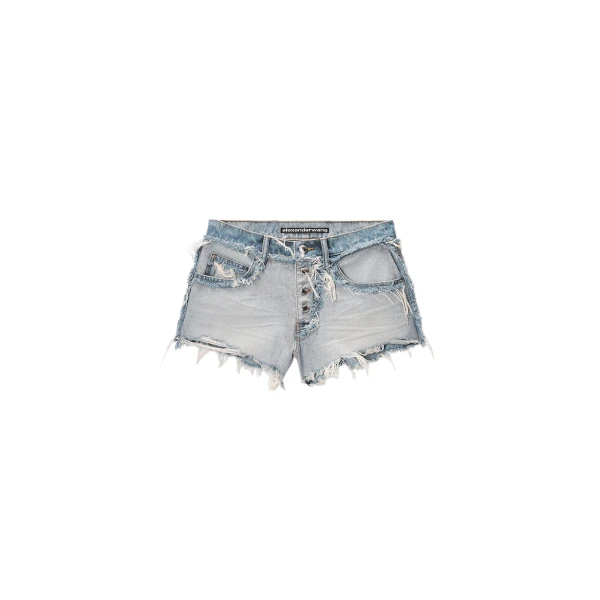 Logo-Embossed Mid-Rise Inverted Denim Short in Inverted Bleach Blue